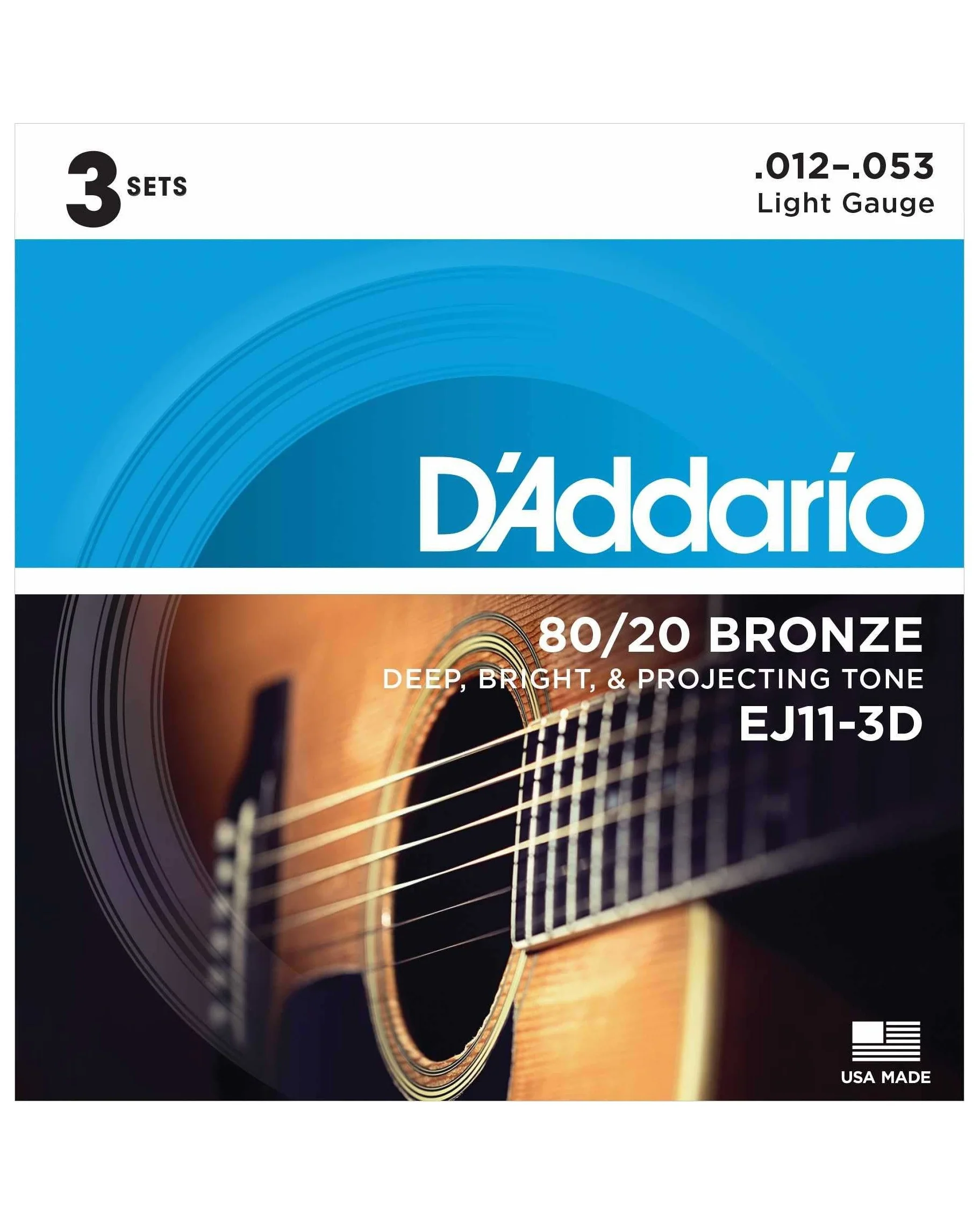 D'Addario EJ11 80/20 Bronze Acoustic Guitar Strings, Light (3-Pack) - Image 2