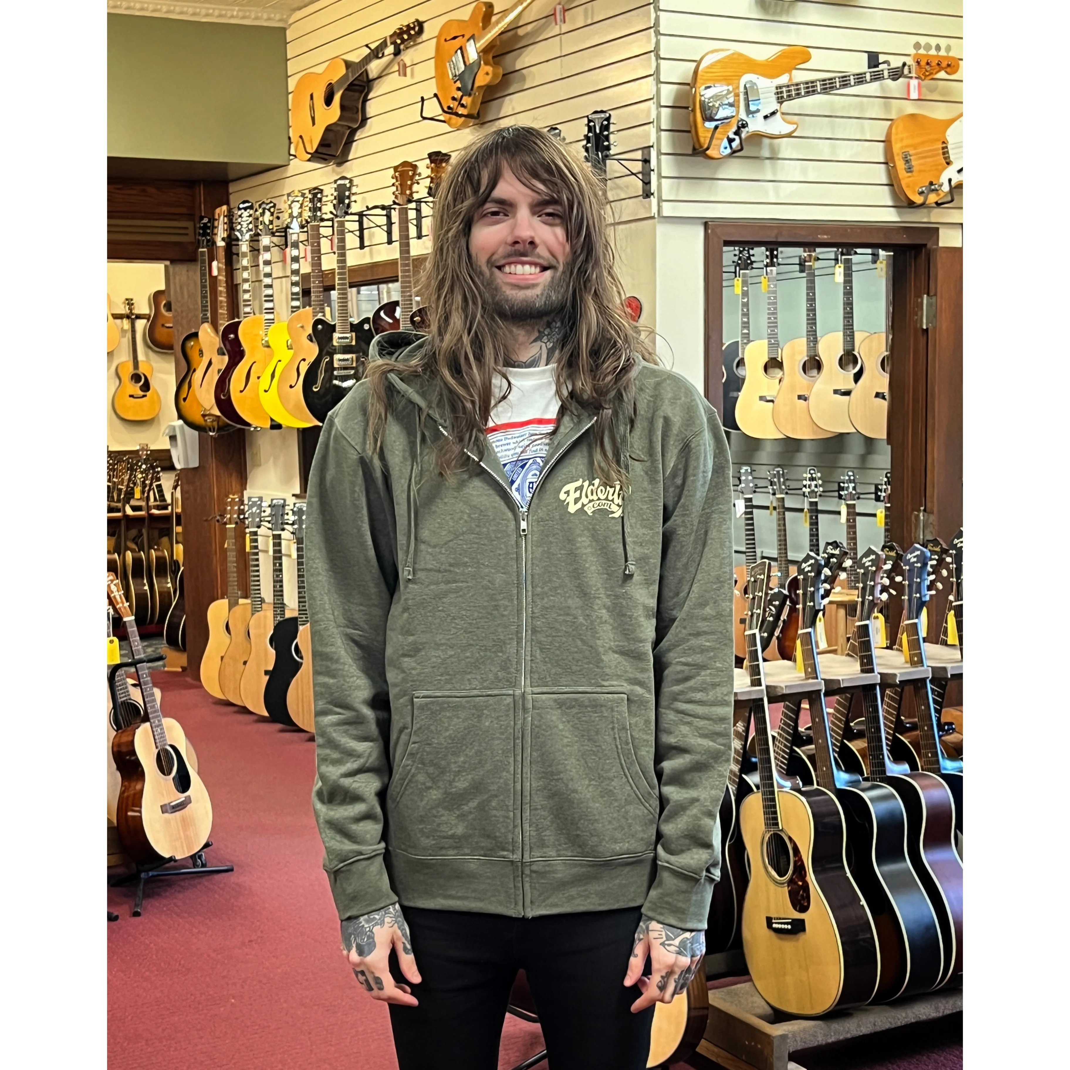 Elderly Instruments Zip Up Hoodie, Heathered Olive (Various Sizes) - Image 2