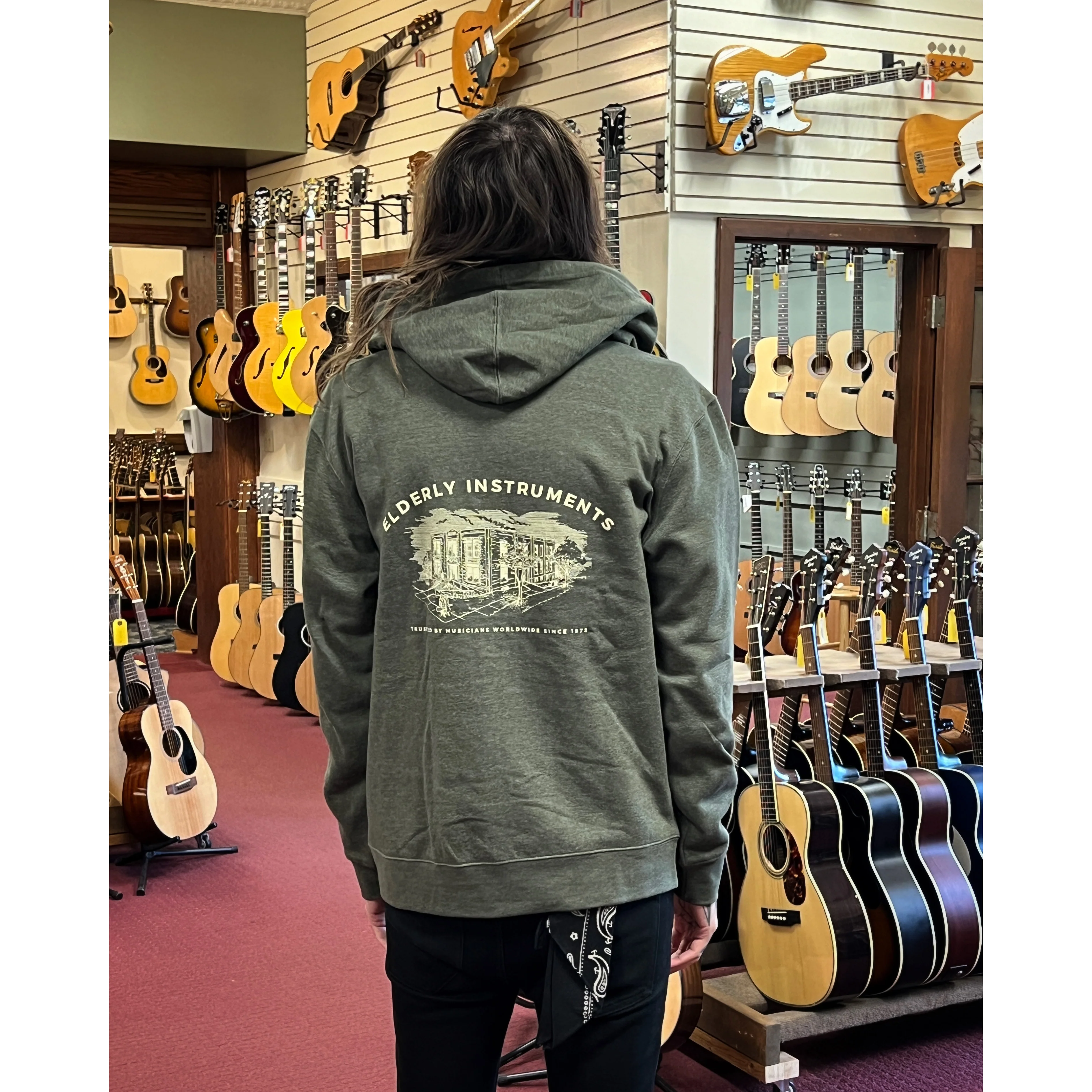 Elderly Instruments Zip Up Hoodie, Heathered Olive (Various Sizes) - Image 3