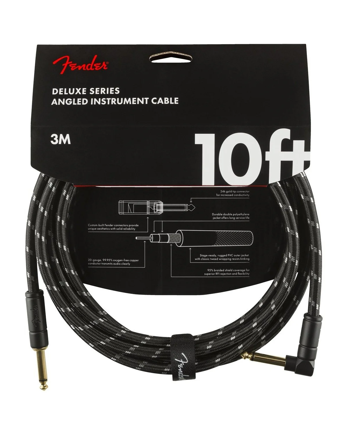 Fender Deluxe Series 10ft Instrument Cable, Angled End, Black Tweed - Image 2
