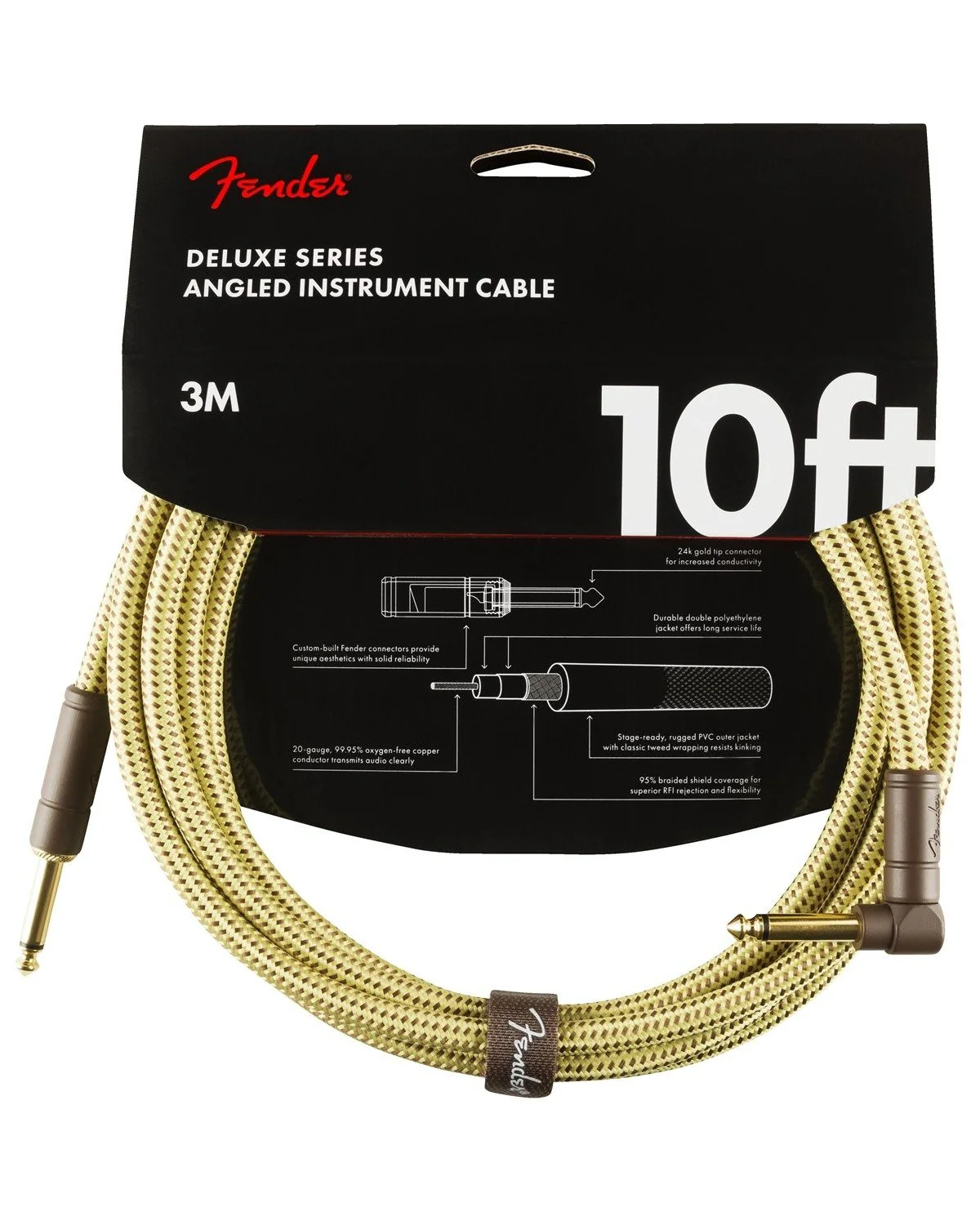 Fender Deluxe Series 10ft Instrument Cable, Angled End, Tweed - Image 2