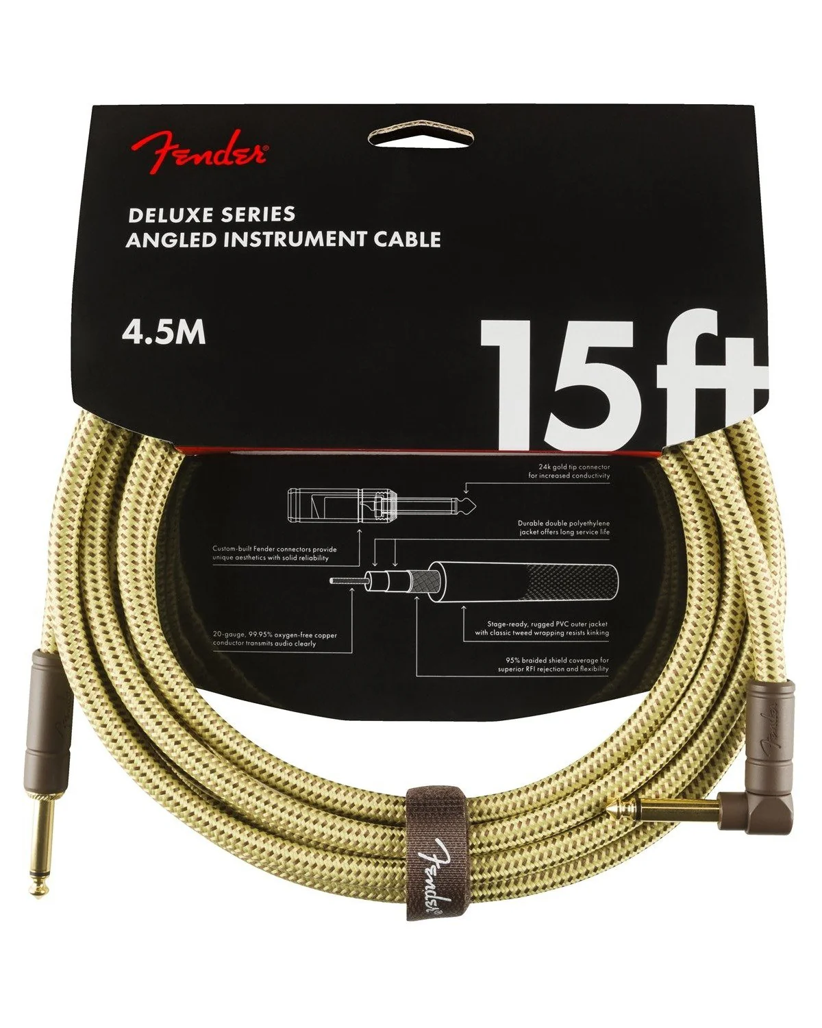 Fender Deluxe Series 15ft Instrument Cable, Angled End, Tweed - Image 2