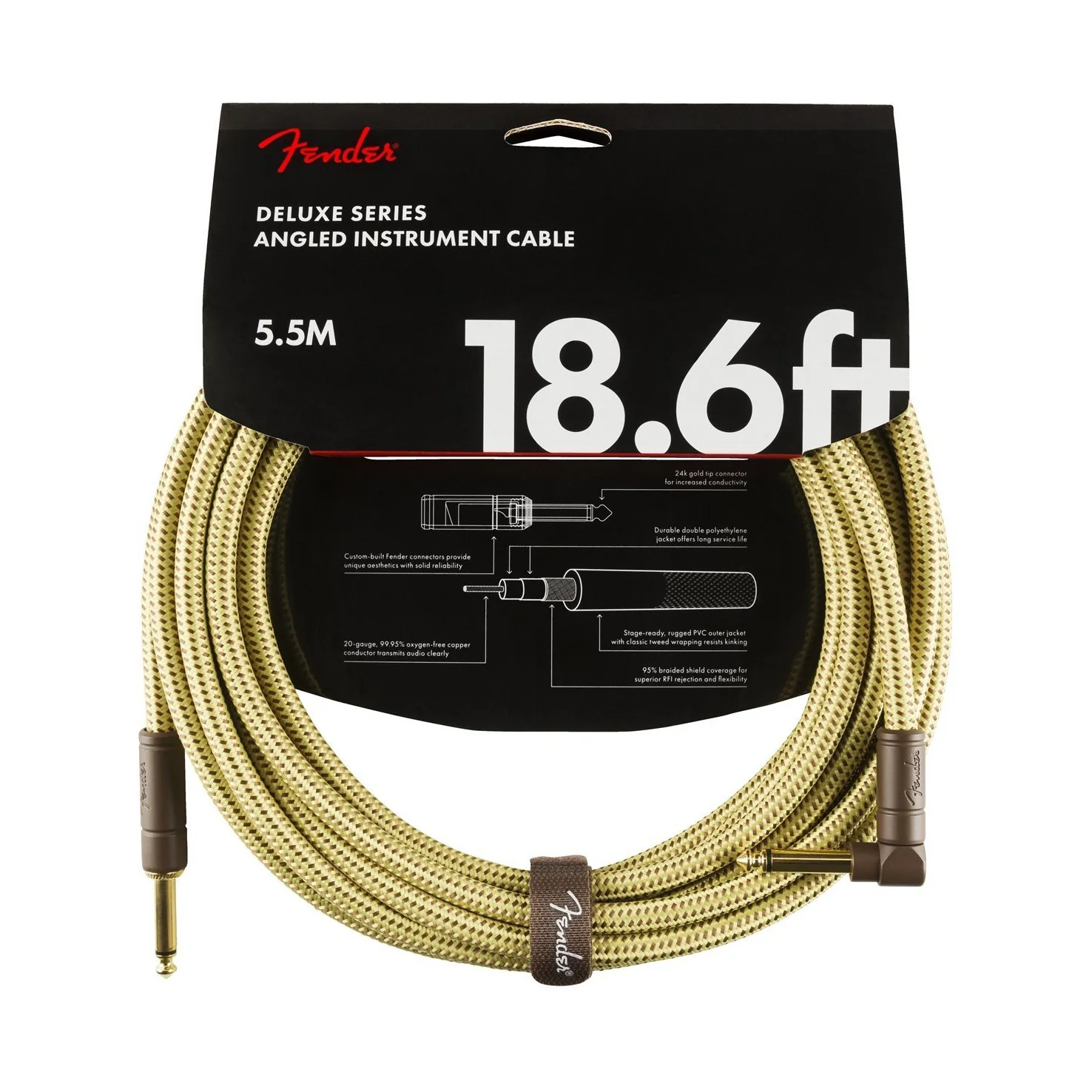 Fender Deluxe Series 18.6ft Instrument Cable, Angled End, Tweed - Image 2