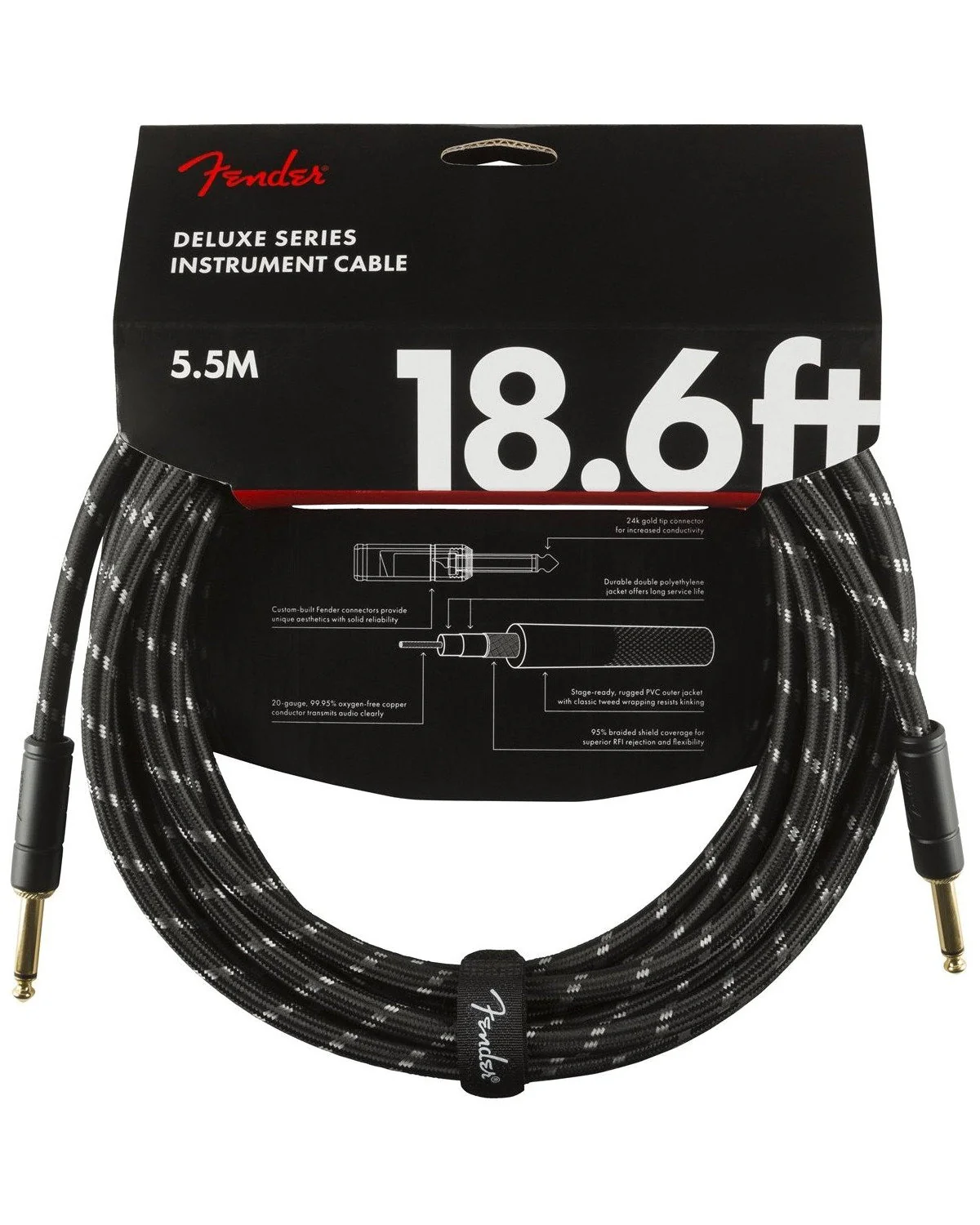 Fender Deluxe Series 18.6ft Instrument Cable, Black Tweed