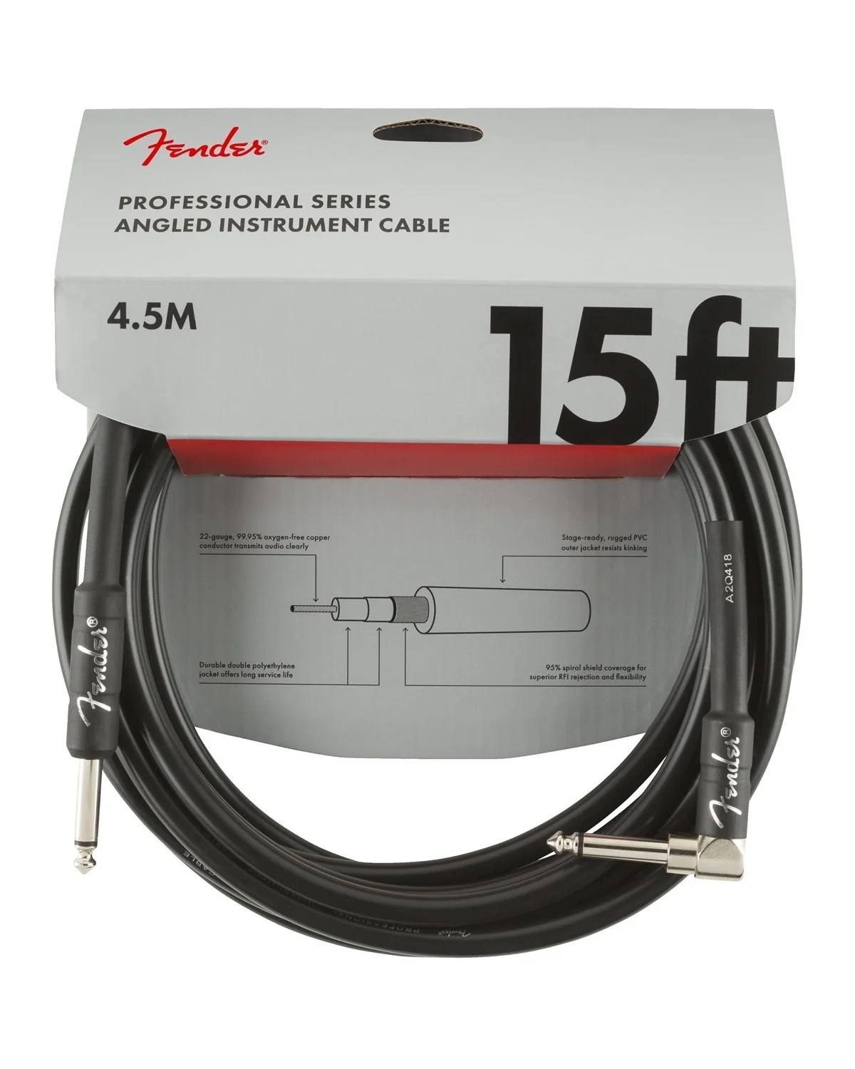 Fender Professional Series 15ft Instrument Cable, Angled, Black - Image 2