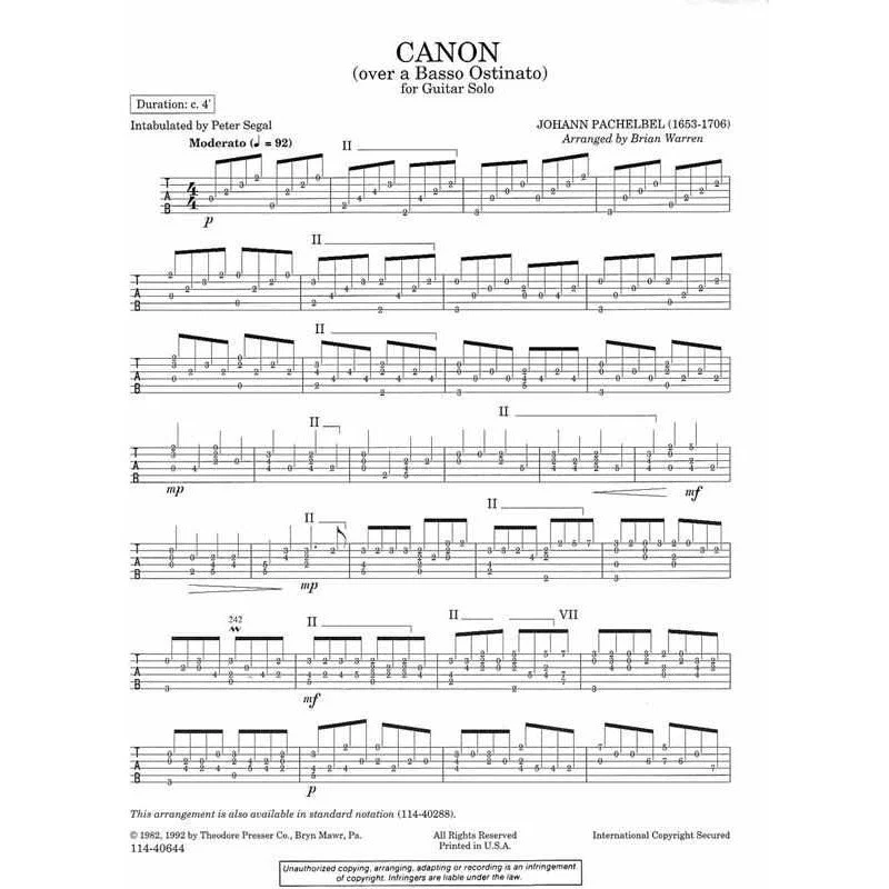 Johann Pachelbel: Canon (Over a Basso Ostinato) for Guitar Solo - Tablature Only - Image 3