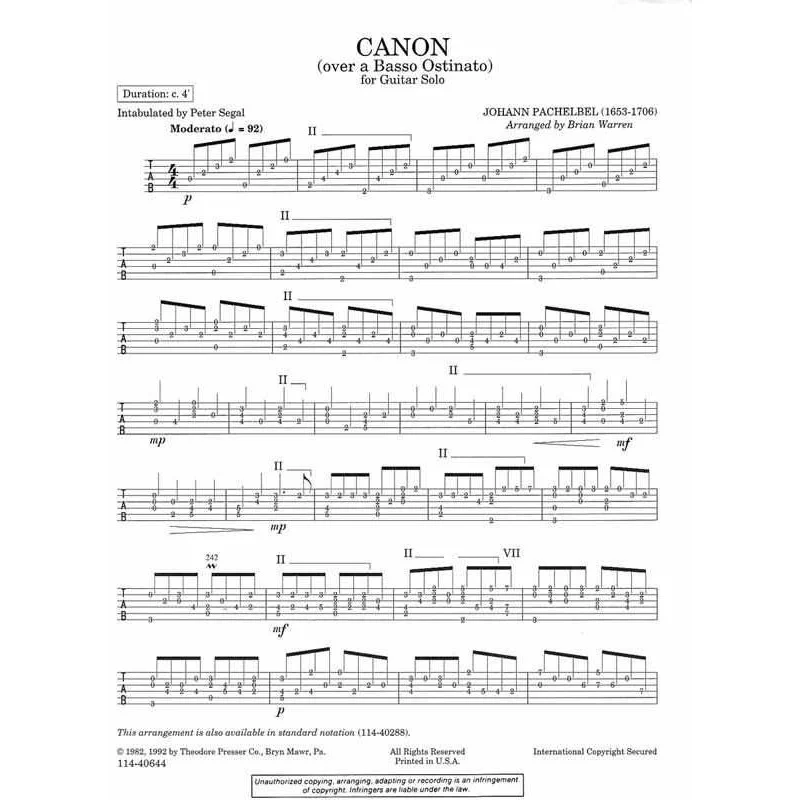 Johann Pachelbel: Canon (Over a Basso Ostinato) for Guitar Solo - Tablature Only - Image 4