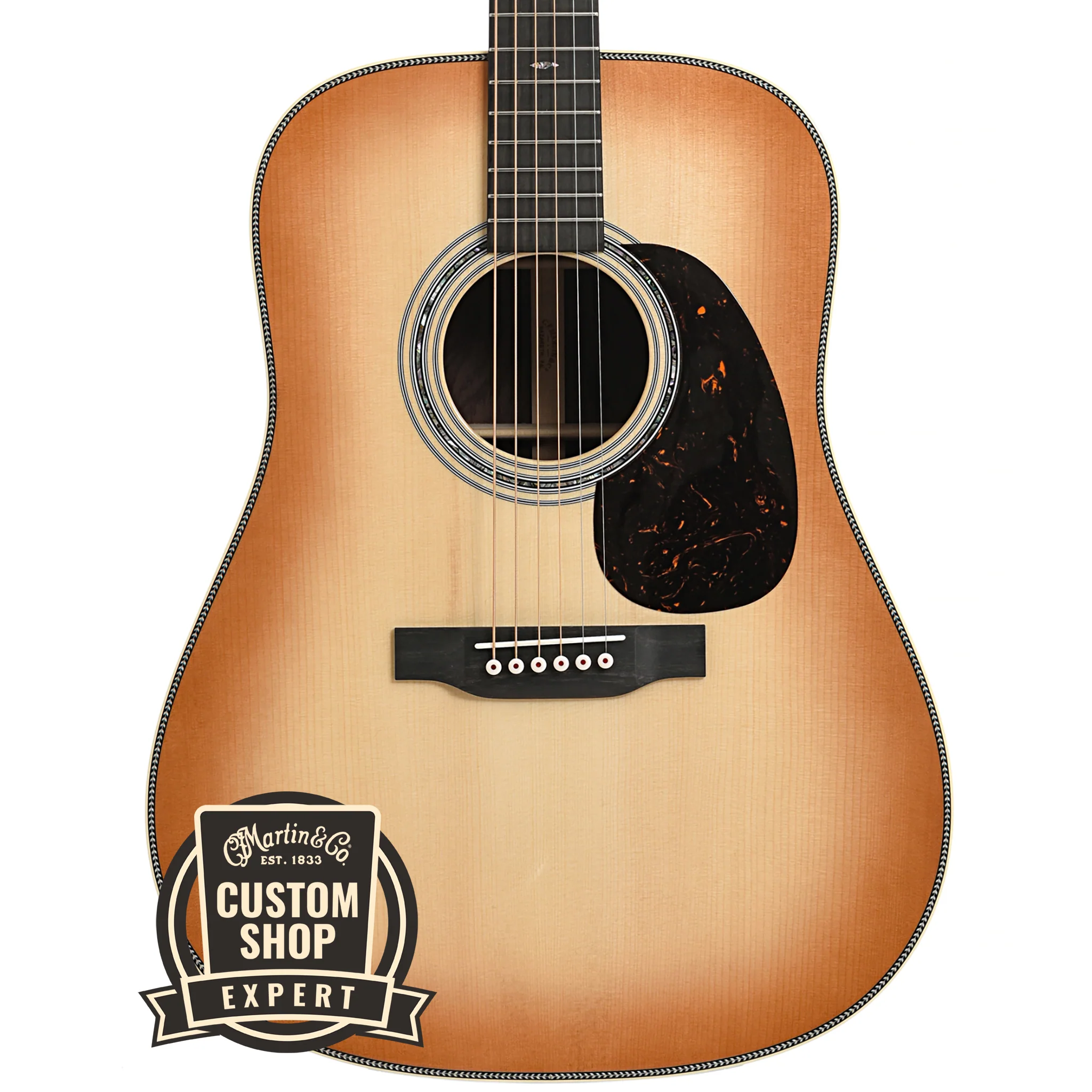 Martin Custom Dreadnought Guitar & Case, Herringbone 28-Style - Wild Grain Rosewood & Adirondack Spruce, Toast Burst - Image 2