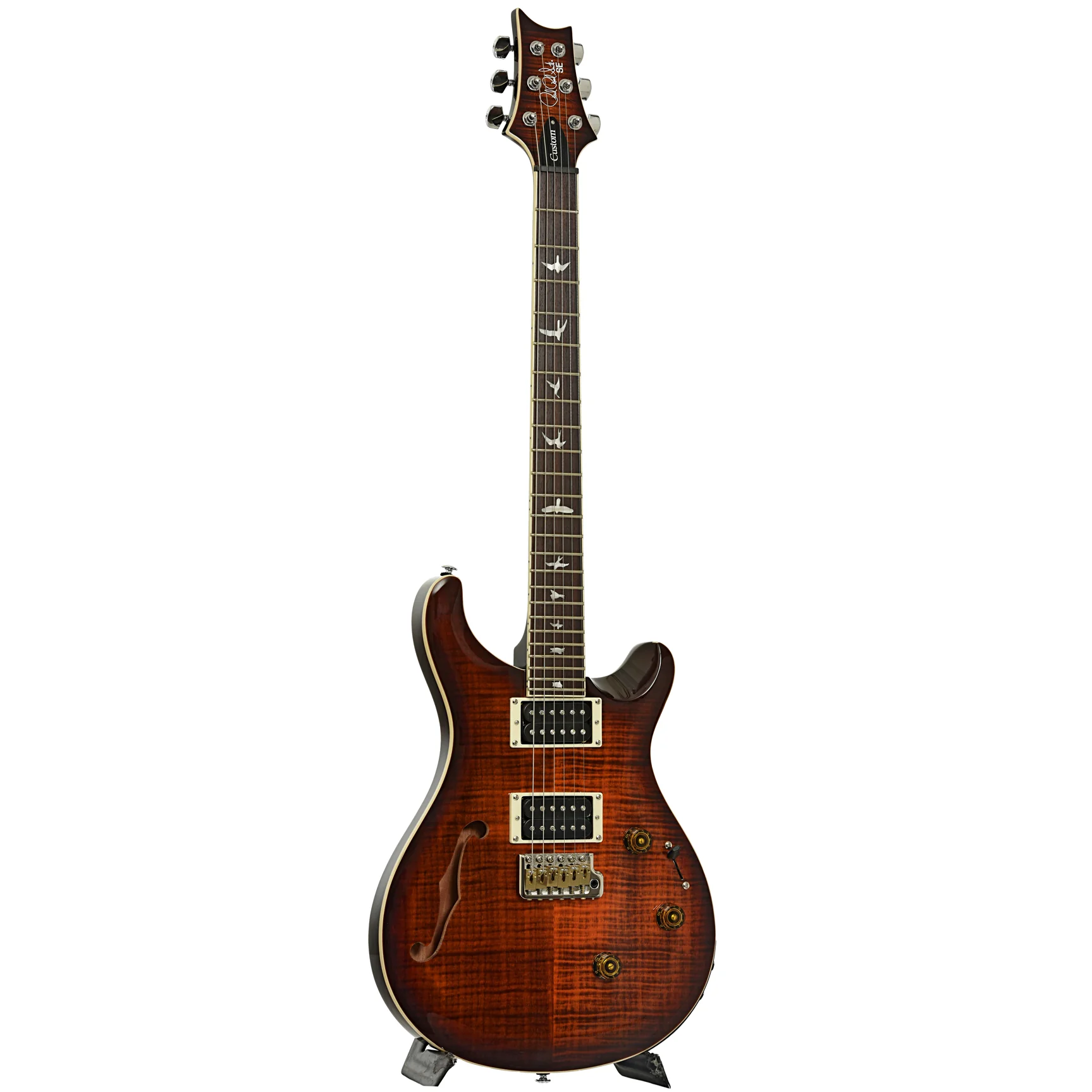 PRS SE Custom 24 Semi-Hollow Piezo Orange Tiger Smokeburst Electric Guitar - Image 3